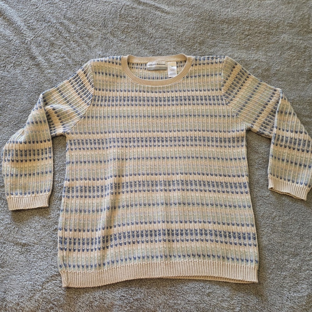 Alfred Dunner Blue Cream Crew Neck Striped Sweater Size Petite XL Shoulder Pads‎